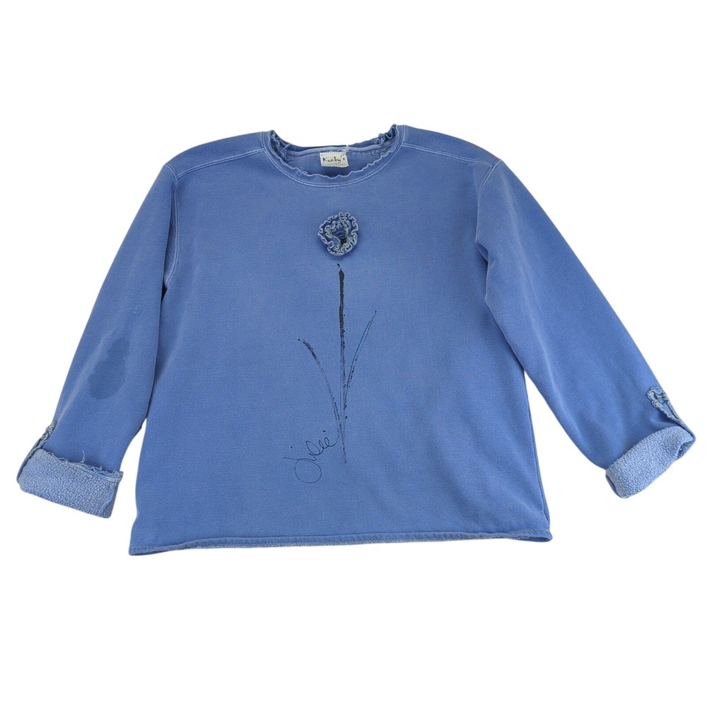 Kunkys Womens Blue Flower Hand Painted Sweatshirt Pullover Size Medium Quirky 3D